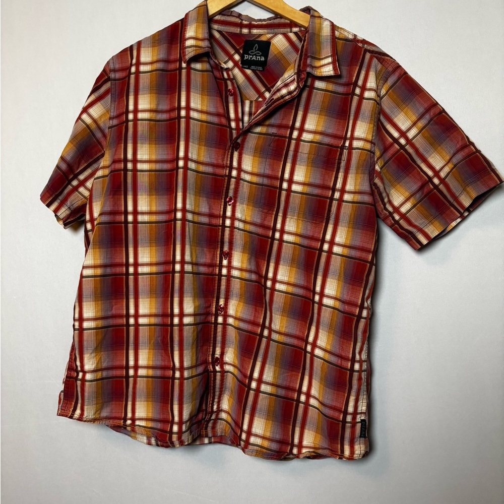 prAna Men's Red Plaid Short Sleeve Button-Up Shirt Sz Large
